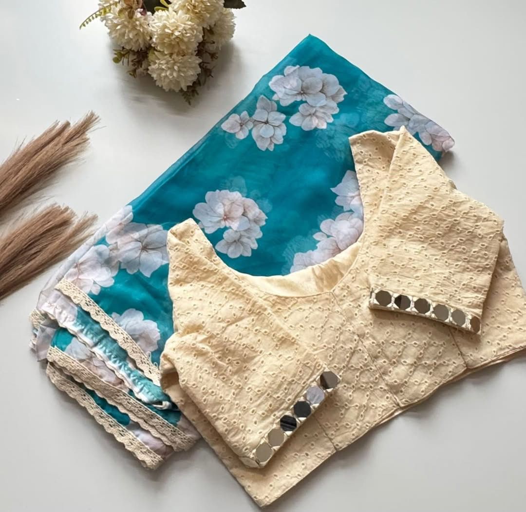 Tebby Silk Digital Printed Saree with Chikankari Lace