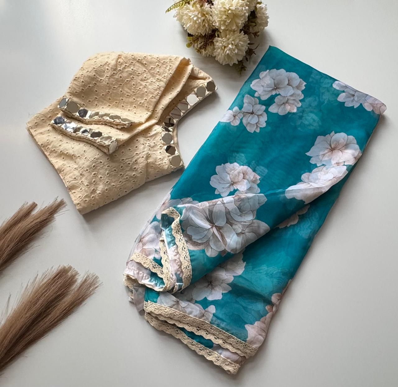 Tebby Silk Digital Printed Saree with Chikankari Lace