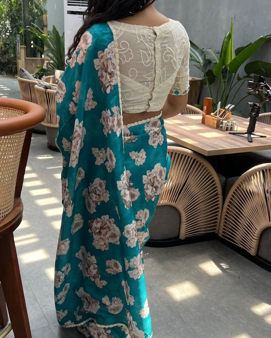 Tebby Silk Digital Printed Saree with Chikankari Lace