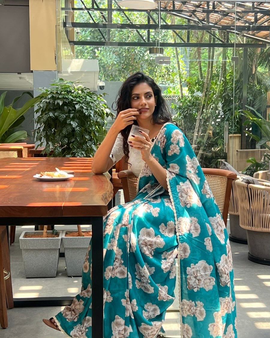 Tebby Silk Digital Printed Saree with Chikankari Lace