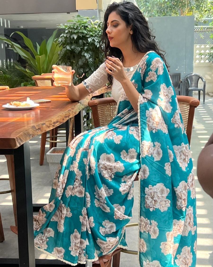 Tebby Silk Digital Printed Saree with Chikankari Lace