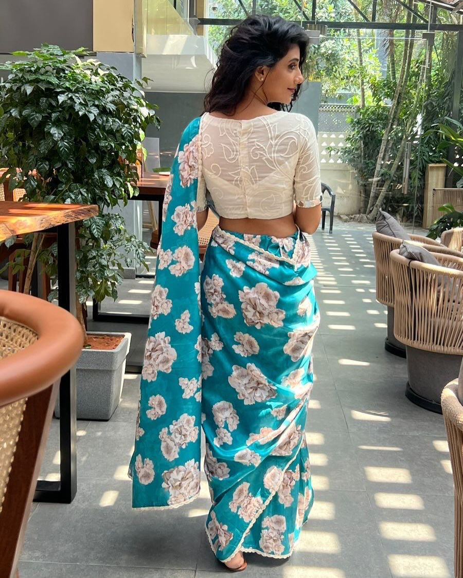 Tebby Silk Digital Printed Saree with Chikankari Lace