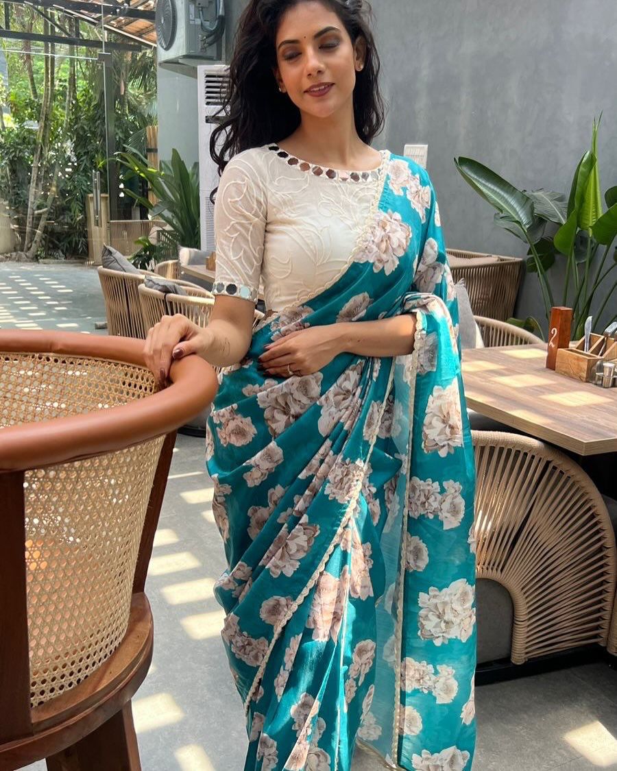 Tebby Silk Digital Printed Saree with Chikankari Lace